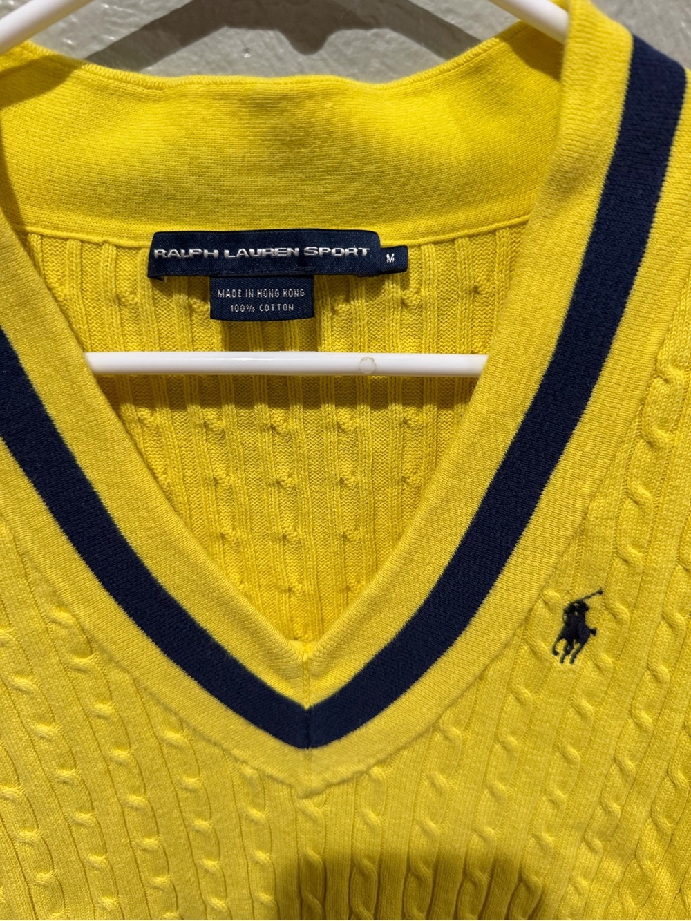 Ralph Lauren Bright Yellow Cable-Knit V-Neck Tee with Navy Trim - Picture 2 of 3